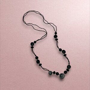 Black Beaded Necklace With Multi-Size Round Beads & Braided String Design